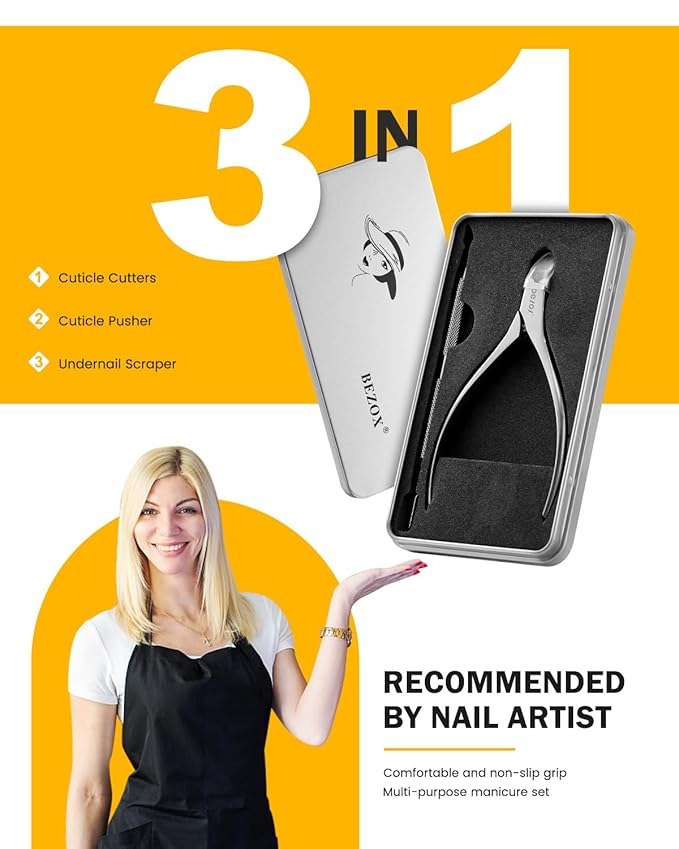 BEZOX Cuticle Trimmer with Pusher - Salon Quality Cuticle Clipper with Cuticle Pushers, Super Sharp Cuticle Cutters and Dual-End Nail Pushers Cuticle Stick, Professional Manicure Tools