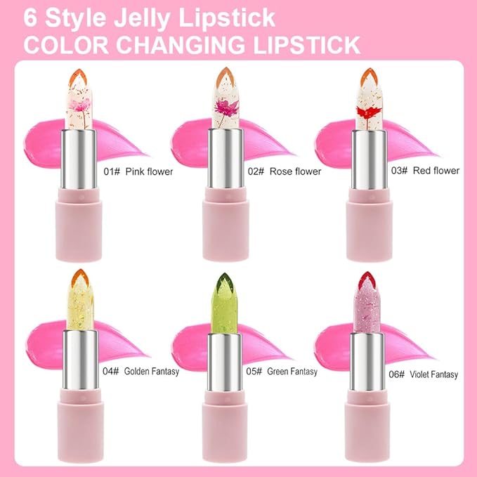 BINGBRUSH 6Pcs Color Changing Lipstick,Pink Crystal Flower Jelly PH Mood Long Lasting Labiales Lip Care Moisturizer Lip Balm Korean Magic Lip Gloss 24 Hours Lip Tinted Stain Makeup Set for Women