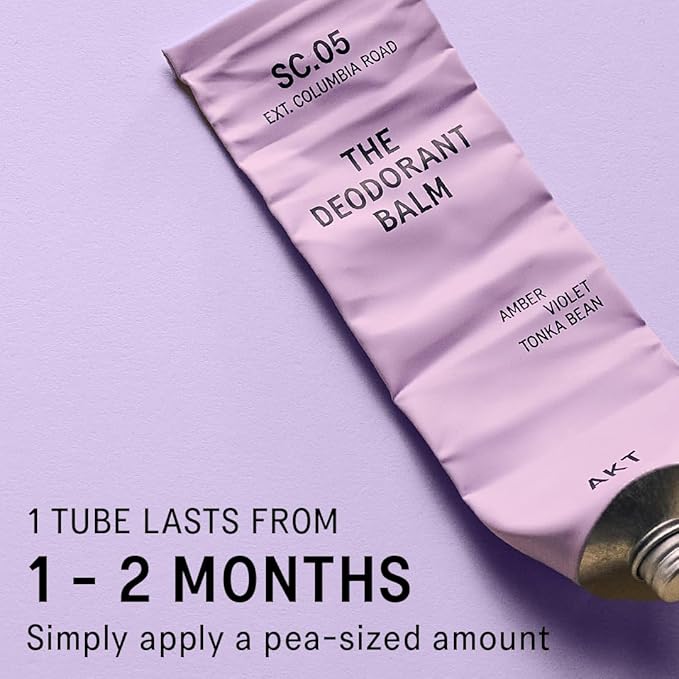 AKT, THE DEODORANT BALM. Award winning, multi-use, natural deodorant. Plastic Free. Gender Free. Aluminium Free. 100% effective — 1 tube lasts up to 3 months. SC.05 COLUMBIA ROAD 50ml/1.76 FL.OZ