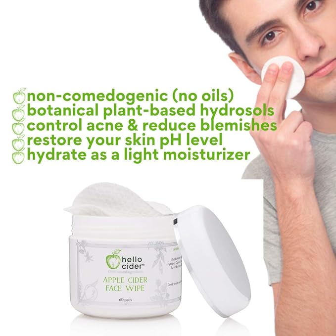 Apple Cider Vinegar Acne Face Toner Pads - Organic Tea Tree, Witch Hazel, Rose, Lavender. Cleanse, Tone, Hydrate, Calm & Sooth. 60 pads. USA by Hello Cider