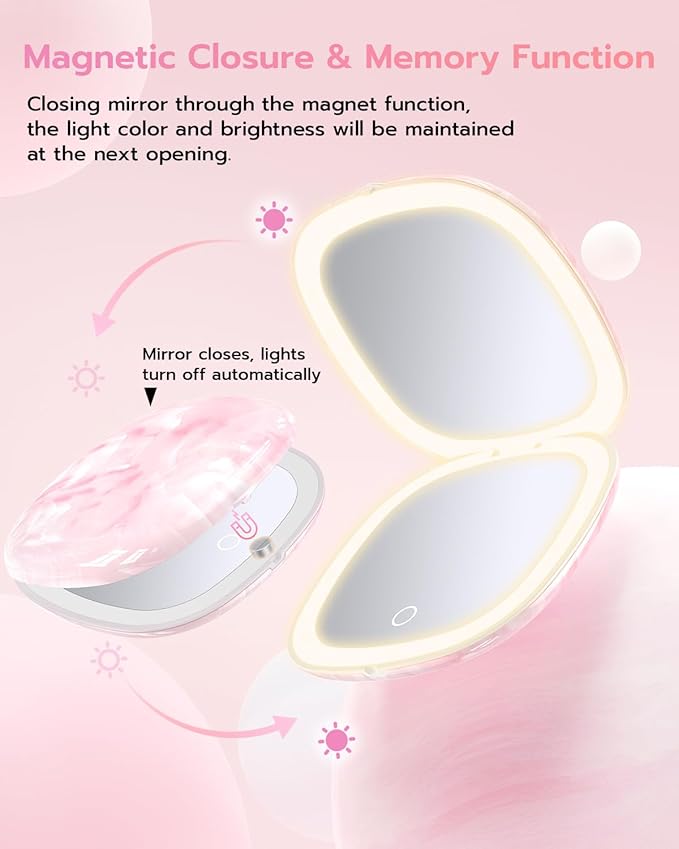 Benbilry 3.9" Rechargeable Compact Makeup Mirror with 3 Light Colors and Magnification 1X / 10X, Double Light Strip Dimmable Small LED Travel Mirror for Purse, Pink and White