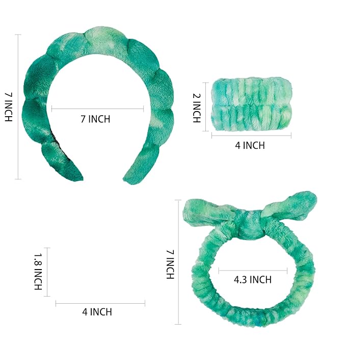 7 Pcs Spa Set, Facial Headband and Wristband Set, Skincare Accessories, College Style Girl Gift, Hair Accessories for Women and Girls（Tie Dye Green）