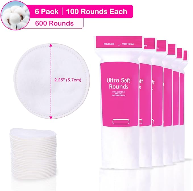 600 PCS Cotton Rounds – 100 Count (Pack of 6) - Soft, Absorbent, Face Pads for Makeup Removal, Skincare, Skin Care and Facial Cleansing - Lint Free
