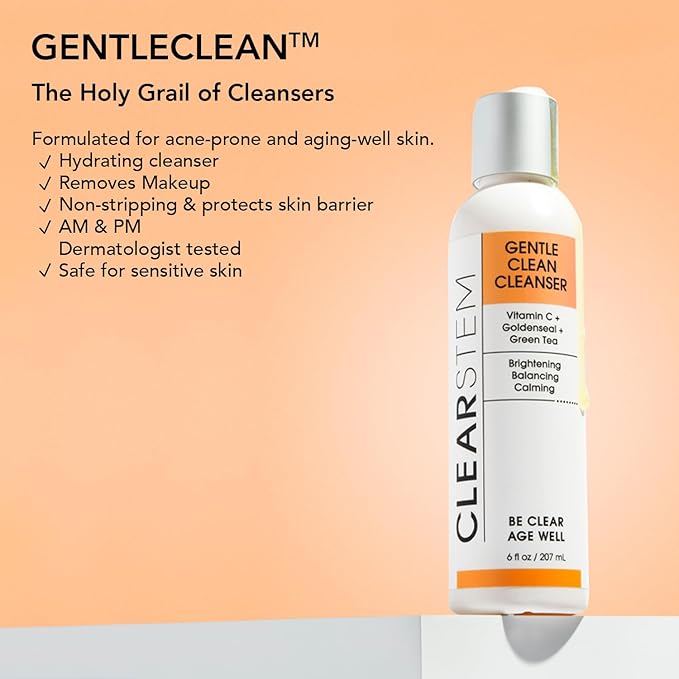 CLEARSTEM - GENTLECLEAN Vitamin C Infused Calming Wash - Facial Cleanser, Makeup Remover - Goldenseal + Green Tea - Facial Skin Care Products - Gluten Free, Cruelty Free - 6 fl oz / 207ml