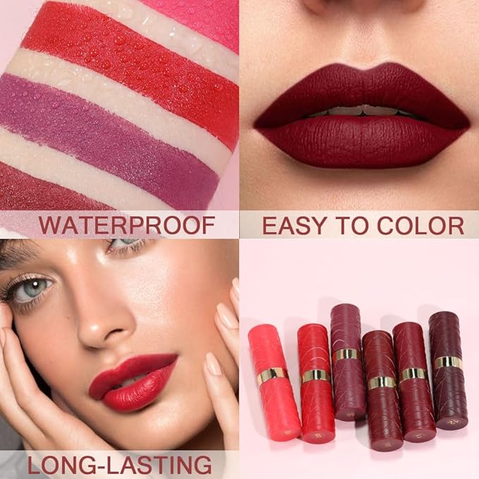 6 Pcs Nude Pink Dark Red Purple Wine Red Plum Matte Lipstick Set for Women Long Lasting Waterproof Moisturizing Lipsticks for Older Women 24 Hours Lip Stick Lip Stain Makeup Gift Kit,Lip Makeup Vegan