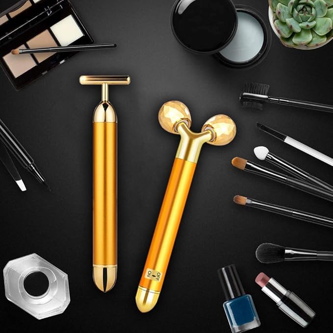 2-in-1 Electric Face Massager 24k Golden Facial Massager, 3D Roller and T Shape Facial Roller Massager Kit Skin Care Tools