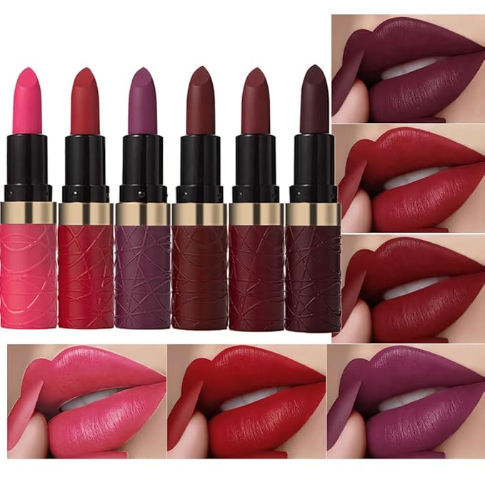 6 Pcs Nude Pink Dark Red Purple Wine Red Plum Matte Lipstick Set for Women Long Lasting Waterproof Moisturizing Lipsticks for Older Women 24 Hours Lip Stick Lip Stain Makeup Gift Kit,Lip Makeup Vegan