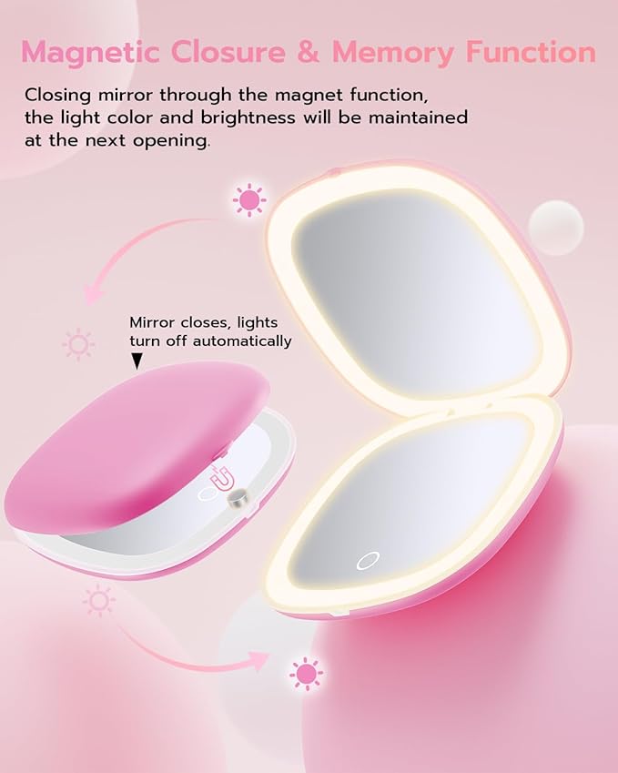 Benbilry 3.9" Rechargeable Compact Makeup Mirror with 3 Light Colors and Magnification 1X / 10X, Double Light Strip Dimmable Small LED Travel Mirror for Purse, Pink