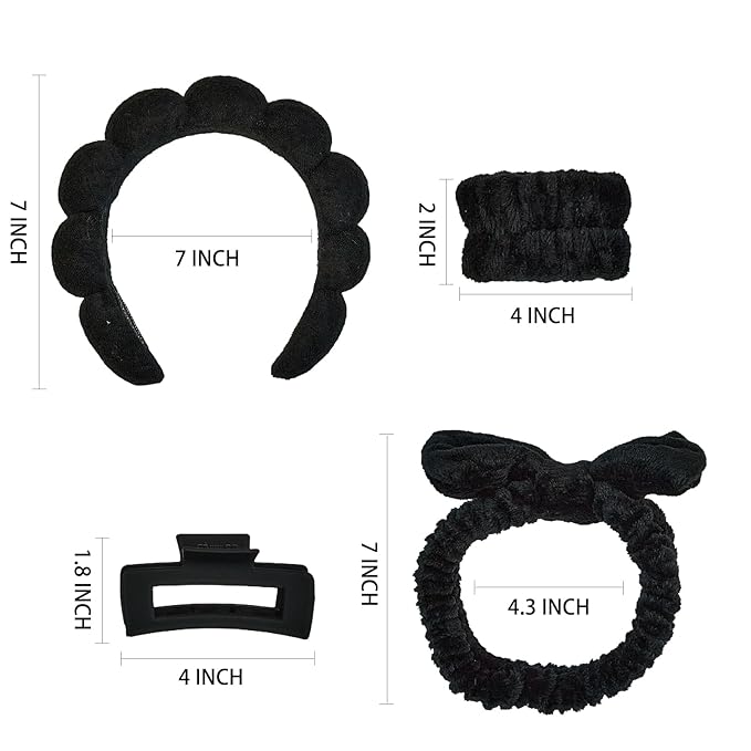 7 Pcs Spa Set, Facial Headband, Spa Headband and Wristband Set, Skincare Headband, College Style Girl Gift, Hair Accessories for Women and Girls (Black)