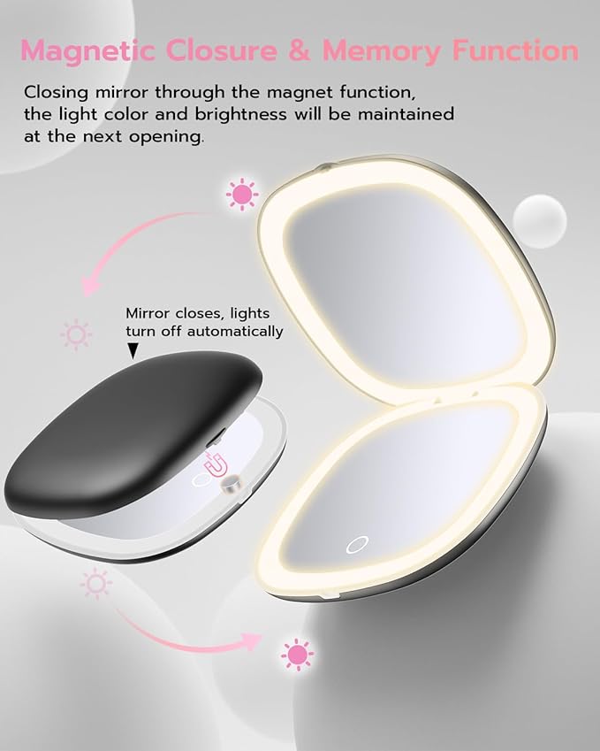 Benbilry 3.9" Rechargeable Compact Makeup Mirror with 3 Light Colors and Magnification 1X / 10X, Double Light Strip Dimmable Small LED Travel Mirror for Purse, Black