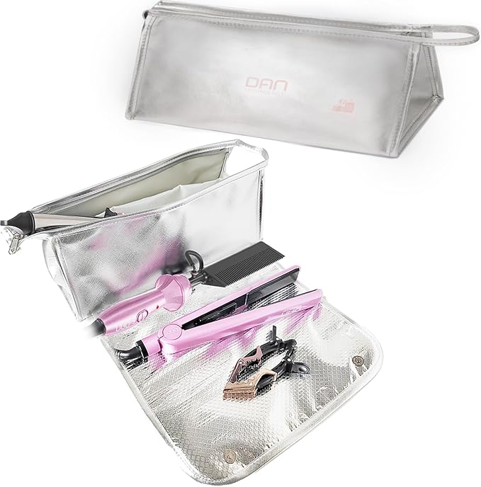 DAN Technology Hair Tools Travel Bag, 12.5 x 5.5 x 5.5 inches, Silver - Heat Resistant Mat, Protective Pad, Hanging Rope, Portable Design, Ideal for Hair Dryer, Curling Iron, Flat Iron, Straighteners