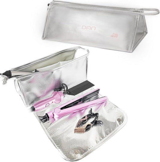 DAN Technology Hair Tools Travel Bag, 12.5 x 5.5 x 5.5 inches, Silver - Heat Resistant Mat, Protective Pad, Hanging Rope, Portable Design, Ideal for Hair Dryer, Curling Iron, Flat Iron, Straighteners