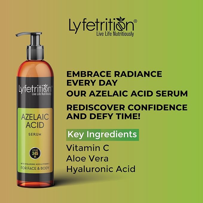 Azelaic Acid Serum with Hyaluronic Acid | Natural Face Serum with Vitamin C & Aloe Vera (12 Fl Oz), Clear, (Lyfe9080)