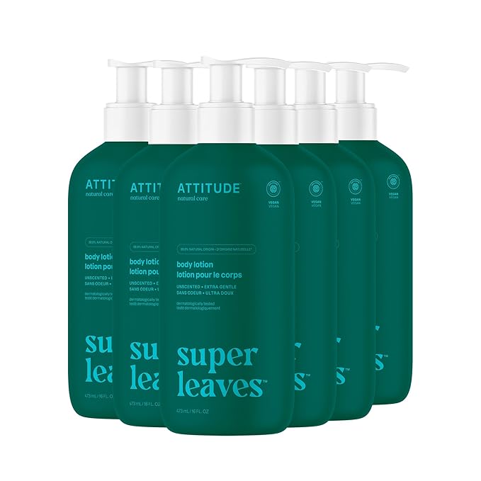 ATTITUDE Body Lotion, EWG Verified, Vegan & Cruelty-Free, Hydrating Moisturizer for Dry Skin, Non-Greasy, Extra Gentle Skin Care, Unscented, 16 Fl Oz (Pack of 6)