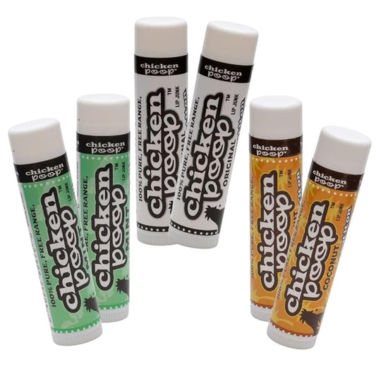 Chicken Poop Lip Balm Simone Chickenbone 100% Natural Moisturizer for Dry, Chapped Lips, Combo (2 Original, 2 Mint, 2 Coconut), Pack of 6