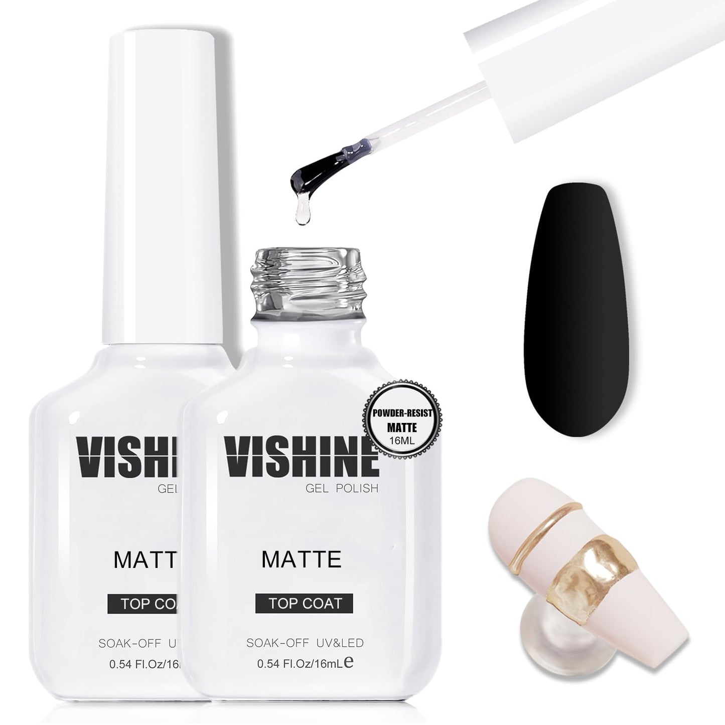 Vishine 2 Pcs 16ml Matte Top Coat Gel for Gel Nail Polish, Powder-Resist Matte Finish for Detail Chrome Powder Painting Long-Lasting DIY Home Nail Salon