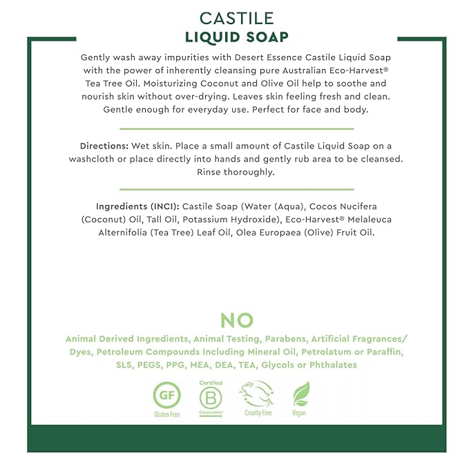 Desert Essence Castile Liquid Soap With Eco-Harvest Tea Tree Oil - 32 Fl Oz - Face & Body Cleansing - Coconut & Olive Oil - May Diminish Imperfections & Help Reduce Oil