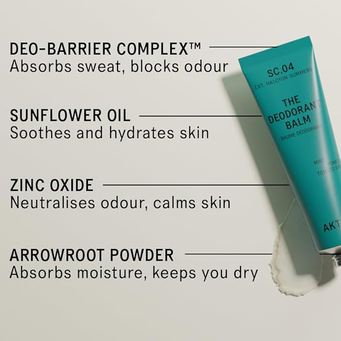 AKT, THE DEODORANT BALM. Award winning, multi-use, natural deodorant. Plastic Free. Gender Free. Aluminium Free. 100% effective — 1 tube lasts up to 3 months. SC.04 HALCYON SUMMERS. 50ml/1.76 FL.OZ
