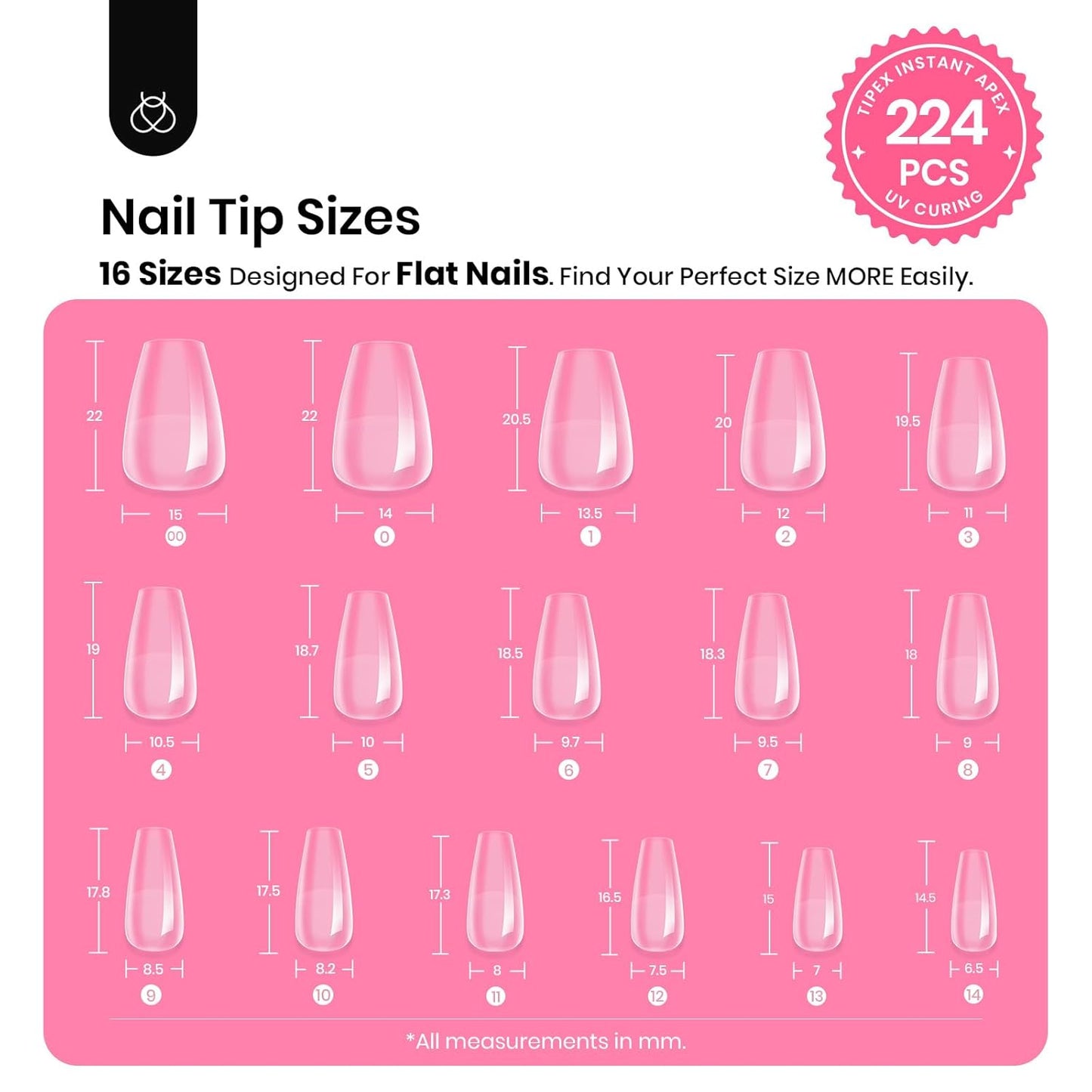 Beetles Tipex Gel Nail Kit Short Coffin Instant Apex Nail Tips, 224 Pcs 16 Sizes Pre-Building Pre-Etched False Nail Tips with Tipex Uv Nail Glue,Mini Nail Lamp-Thick Acrylic Nail Set