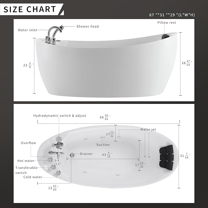 67 in. Acrylic Freestanding Bath Tub Hydromassage Gracefully Oval Shaped 7 Water Jets Soaking SPA, Single-Ended Massage Bathtubs with Pillow, White