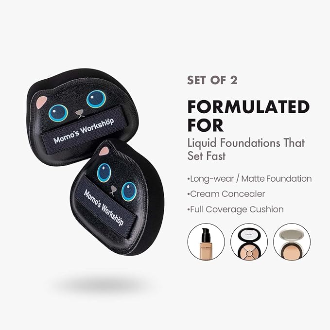 Black Cat Toto Airy Marshmallow Puff,Makeup Sponge,Rubycell Material,Pointed Tip for Concealer + Flat Side for Foundation, Longwear Makeup, Travel Friendly & Reusable,2pcs Puffs & Storage Case