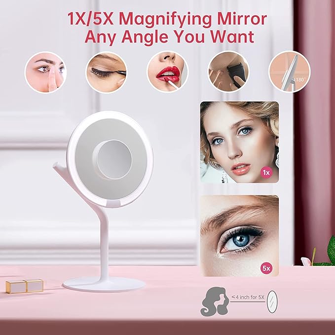 AMIRO 8'' LED Makeup Mirror, 5-Level Brightness/Touch Screen Control/Memory Function/180° Rotation/Detachable Small 5X Magnification Mirror
