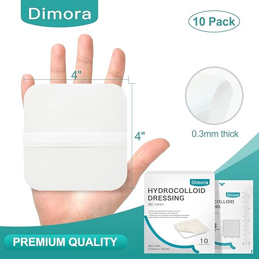 Dimora Hydrocolloid Wound Dressing, 10 Pcs Ultra Thin 4" x 4" Large Patch Bandages with Self-Adhesive, Fast Healing for Bedsore, Burn, Blister, Acne Care, Sterile and Waterproof