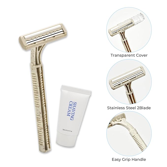 Disposable Shave Kit for Men &Women - 100 Pcs Wheat Straw Razors and Cream Bulk, Individually Wrapped Portable Toiletries Amenities for Hotel, Airbnb, Homeless, Shelter, Charity, Camping and Travel