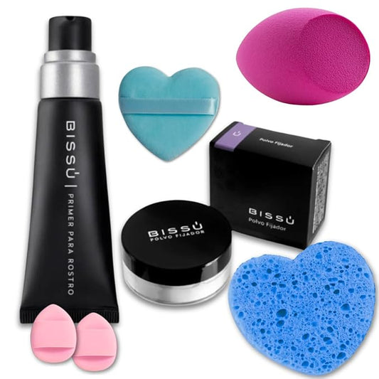 Beetbul Face Kit: Bissú Silky Primer (27.5 ml) & Setting Powder (8g) + Velvet Puff + 2 Finger Puffs + Makeup Sponge + Exfoliating Sponge