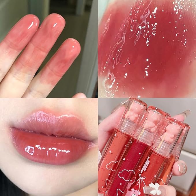 2Pcs Bear Lip Glaze Jelly Lipstick,Liquid Lipstick Cute Bear Lipgloss Waterproof Long Lasting Cheek Rouge Tint Cosmetics Bear Beauty Makeup Moisturizing Lip Stain Plumping Water Lip Gloss