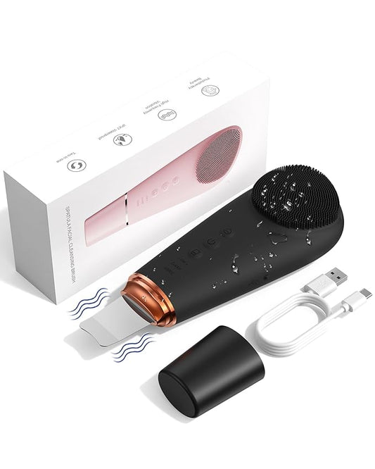 2 in 1 Facial Cleansing Brush & Massager, Facial Skin Scrubber Waterproof and Rechargeable Face Scrub for Deep Cleansing Vibrating Exfoliator Scrubber Skin Care with 7 Modes,Gentle Exfoliating - Black