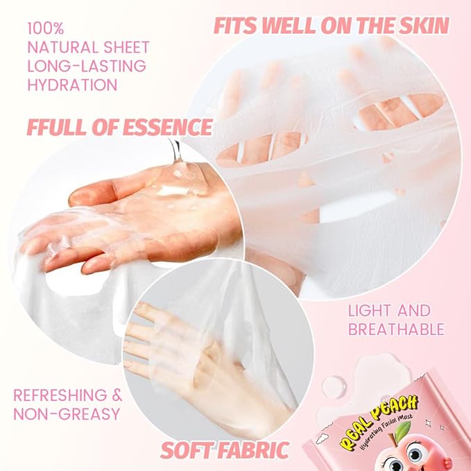 8 Pack Peach Kids Face Mask,Pink Face Masks Skincare Spa Day Kit Supplies,Spa Party Favors for Teens Girls Women,Sheet Facial Mask Skincare Gifts Set,Moisturize Soothe for All Skin Types