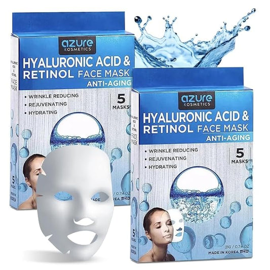 Azure Cosmetics Hyaluronic Acid & Retinol Anti Aging Face Mask - Dermatologist Tested - Rejuvenating & Hydrating - Helps Reduce Fine Lines & Wrinkles, Smooths & Repairs - Korean Skin Care - 10 Pack
