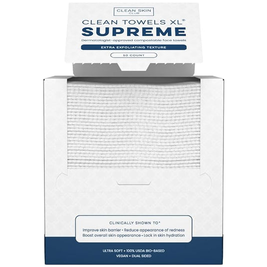 Clean Skin Club Clean Towels XL™ Supreme, 100% USDA Biobased Face Towel, Disposable Face Towelette, Eczema Association Accepted, Makeup Remover Dry Wipes, Ultra Soft, 50 Ct, 1 Pack