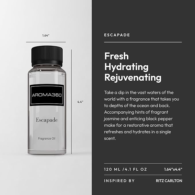 Aroma360 - Escapade Fragrance Oil Scent - Luxury Aromatherapy Scent Diffuser Oil - Hints of Lemon, Ocean, Bergamot, & Fragrant Jasmine - for Essential Oil Diffusers - for Home & Office - 120mL