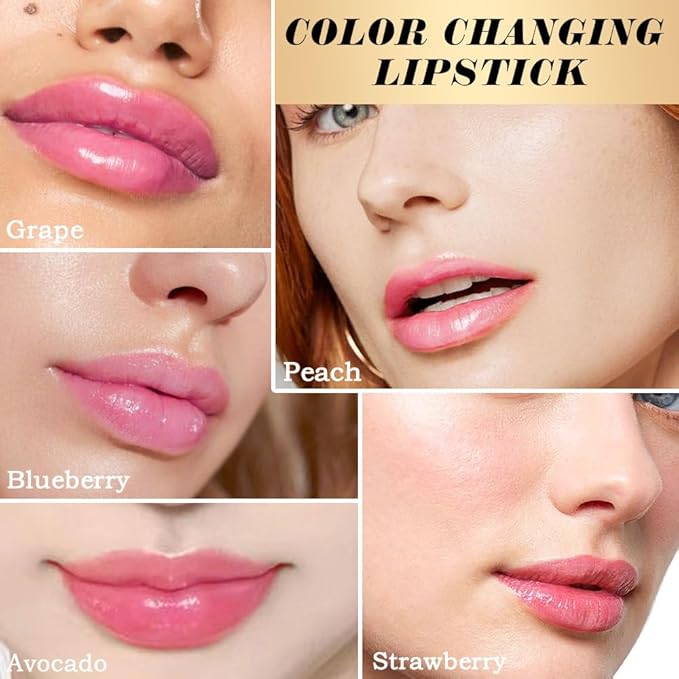 BINGBRUSH Peach Color Changing Lipstick,Moisturizer Long Lasting Lip Care Lip Balm Magic Lip Gloss Lip Tint Stain Gloss Set for Women (6Pcs Aloe Vera + Strawberry + Peach + Avocado+ Blueberry + Grape)