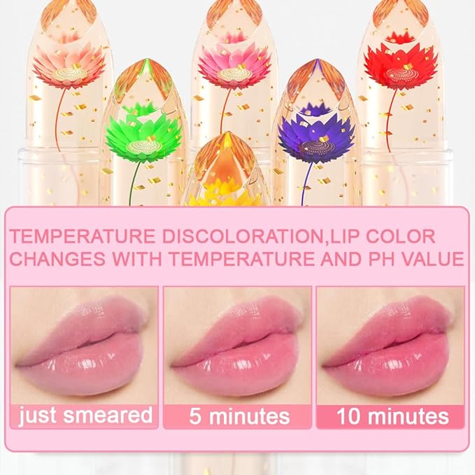 BINGBRUSH 6 Pcs Crystal Flower Jelly Color Changing Lipstick,Long Lasting Lip Care Moisturizer Lip Balm Magic Color Change Lip Gloss Lip Tint Stain Matte Makeup Lipstick (6 Pcs 01#-06#)