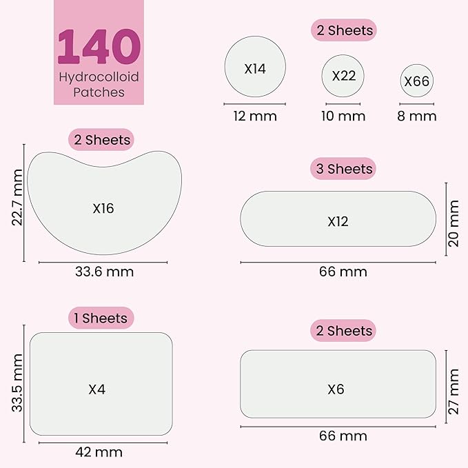 140 pcs Large Pimple Patches for Face – 7 Sizes XL Acne Patches for Full Face, Big Hydrocolloid Bandages for Body, Chin, Forehead, Chest & Back Hydrocolloid Patch (Round, Crescent, Oval & Rectangular)