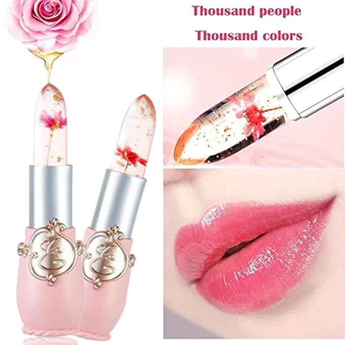 BINGBRUSH 2Pcs Color Changing Lipstick,Pink Crystal Flower Jelly PH Mood Long Lasting Labiales Lip Care Moisturizer Lip Balm Korean Magic Lip Gloss Makeup Lipstick Set for Women