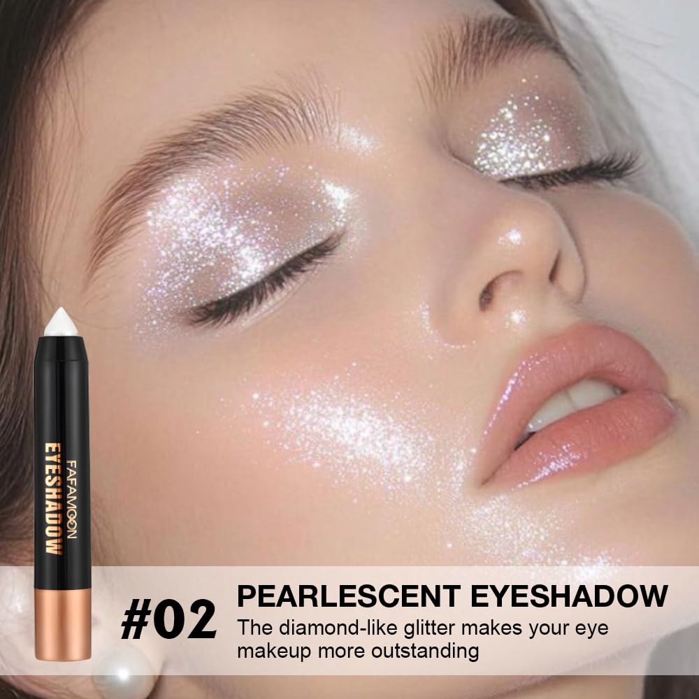 2Pcs Monochrome Cream Shimmer Glitter Eyeshadow Pencil Stick for Women, Eye Shadow Eyeliner Pencil Sticks Makeup, sombras para ojos, Waterproof, Vegan & Cruelty-Free, (02+06, 2Pcs)