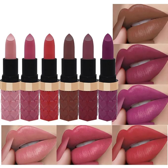 6Pcs Nude Pink Brown Ruby Red Wine Red Purple Matte Lipstick Set for Women Long Lasting Waterproof Moisturizing Lipsticks for Older Women 24 Hours Lip Stick Lip Stain Makeup Gift Kit,Lip Makeup Vegan