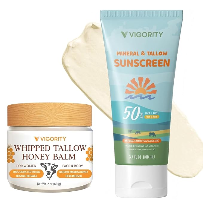 Beef Tallow Sunscreen with Zinc Oxide: Natural Non-Toxic SPF 50 Tallow Sunblock Cream for Face & Body - with 10 Food-Grade Botanical Extracts (Tallow Balm + SPF 50 Sunscreen)