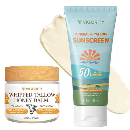 Beef Tallow Sunscreen with Zinc Oxide: Natural Non-Toxic SPF 50 Tallow Sunblock Cream for Face & Body - with 10 Food-Grade Botanical Extracts (Tallow Balm + SPF 50 Sunscreen)