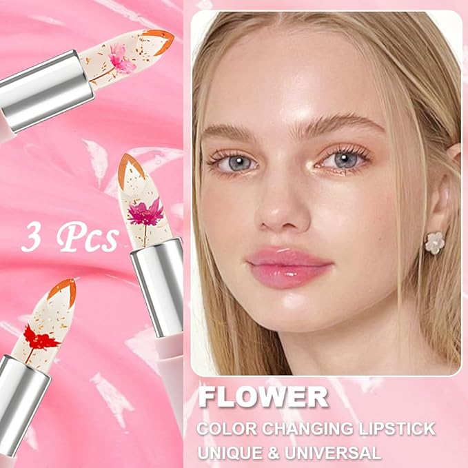 BINGBRUSH 3Pcs Ph Lipstick Color Changing,Pink Crystal Jelly Flower Clear Mood Long Lasting Labiales Lip Care Moisturizer Lip Balm Korean Magic Lip Gloss 24 Hours Lip Tinted Stain Makeup Set for Women