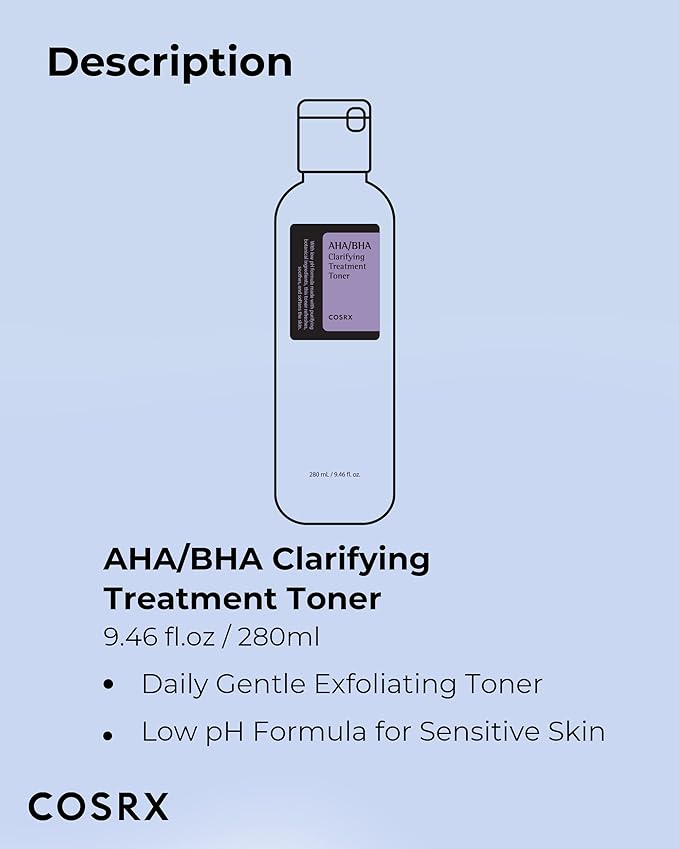 COSRX AHA/BHA Treatment Toner, Facial Exfoliating Spray for Whiteheads, Pores, and Uneven Skin, 9.46 fl.oz/ 280ml, Not Tested on Animals, No Parabens, No Sulfates, Korean Skin Care