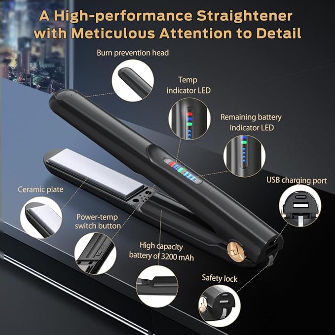 Cordless Hair Straightener and Curler 2 in 1 Ceramic Flat Iron Mini Cordless Portable Travel Hot Tools Straight Curl for Women Men USB Rechargeable with Pouch (Black)