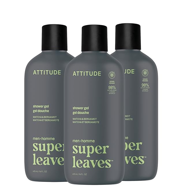 ATTITUDE Shower Gel Body Wash for Men, 98% Natural Origin Ingredients, Paraben & Phthalate Free, EWG Verified, Cleanses Without Drying, Matcha & Bergamot, 14 Fl Oz (Pack of 3)