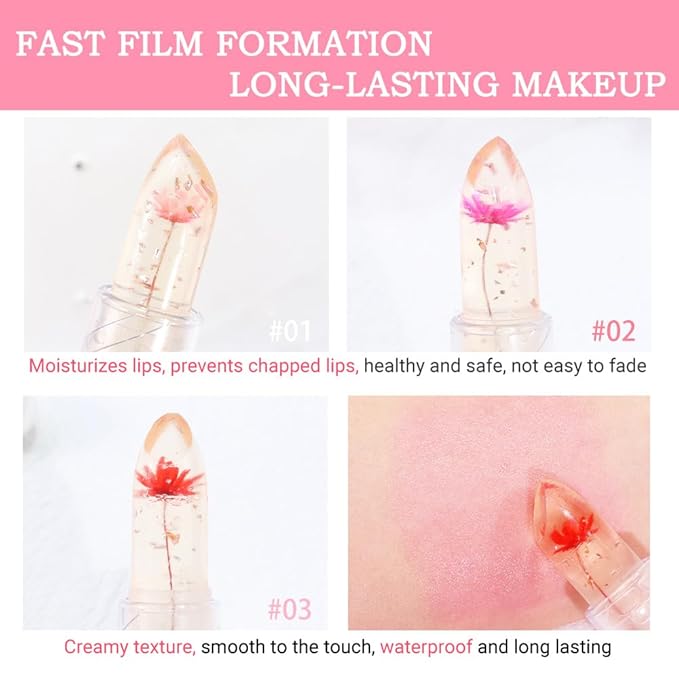 BINGBRUSH 3 Pcs Crystal Flower Jelly Color Changing Lipstick,Long Lasting Lip Care Moisturizer Lip Balm Magic Color Change Lip Gloss Lip Tint Stain Matte Makeup Lipstick