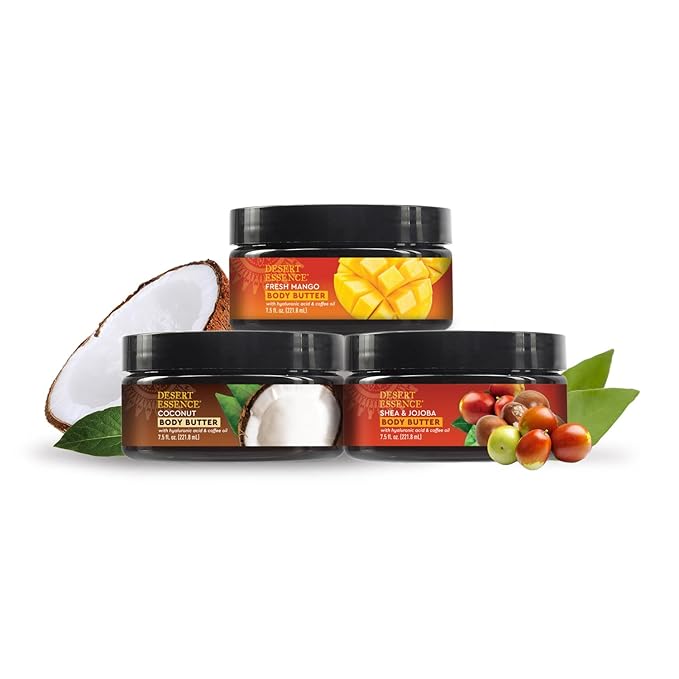Desert Essence, Shea & Jojoba Body Butter 7.5oz, Hyaluronic Acid & Coffee Oil, Deeply Moisturizing and Nourishing, Antioxidant Rich, Moisture Rich Botanicals Shea Butter & Jojoba Oil