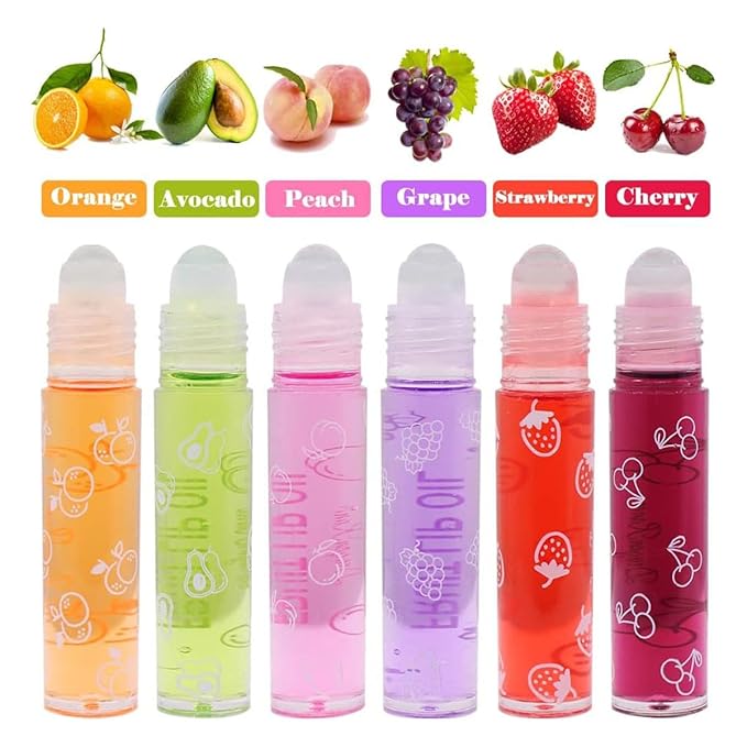 6Pcs Roll-On Lip Gloss Set,Fruit Flavored Roll On Rollerball Lip Oil,Transparent Plumping Lip Gloss for Teens and Kids,Non Toxic Lip-Makeup Set